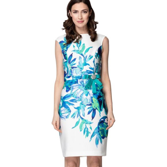 Joseph Ribkoff Holiday Party Designer Sheath Dress White and Blue Tropical - Picture 2 of 16